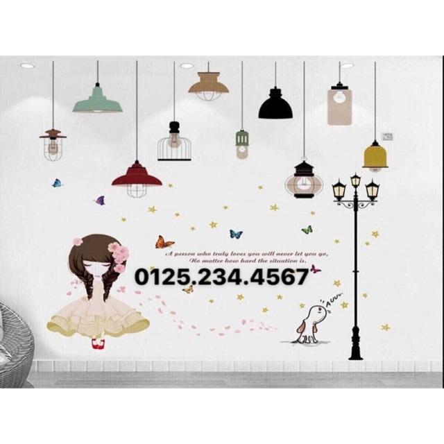 Decal dán tường Combo 2 tranh dây đèn thả + cô gái mộng mơ và cột đèn