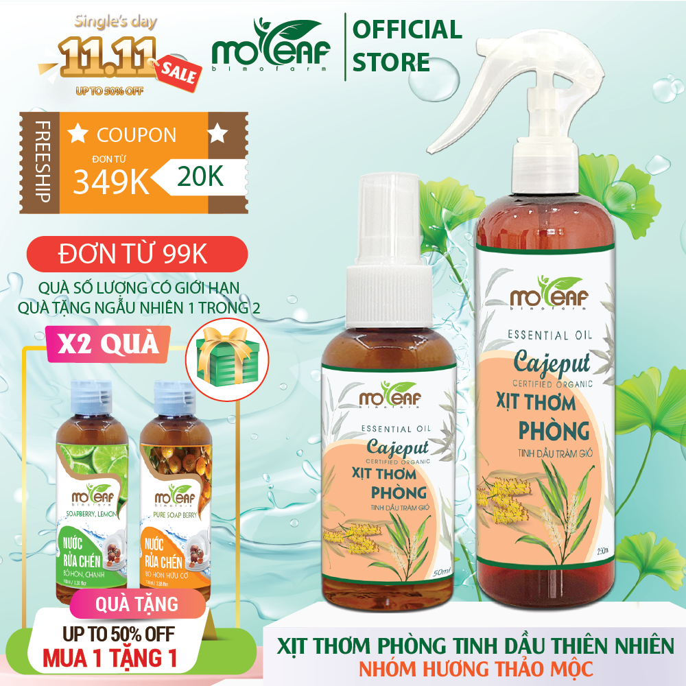 Xịt Thơm Phòng Tinh Dầu Tràm Gió Moleaf Lọc Không Khí Thơm Mát Hỗ Trợ Giải Cảm Sát Khuẩn 250ml