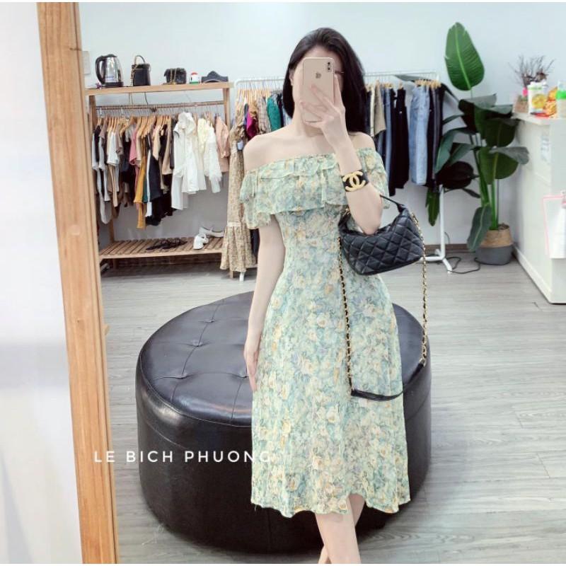 Váy lụa hoa xanh bèo bẹt vai VNU