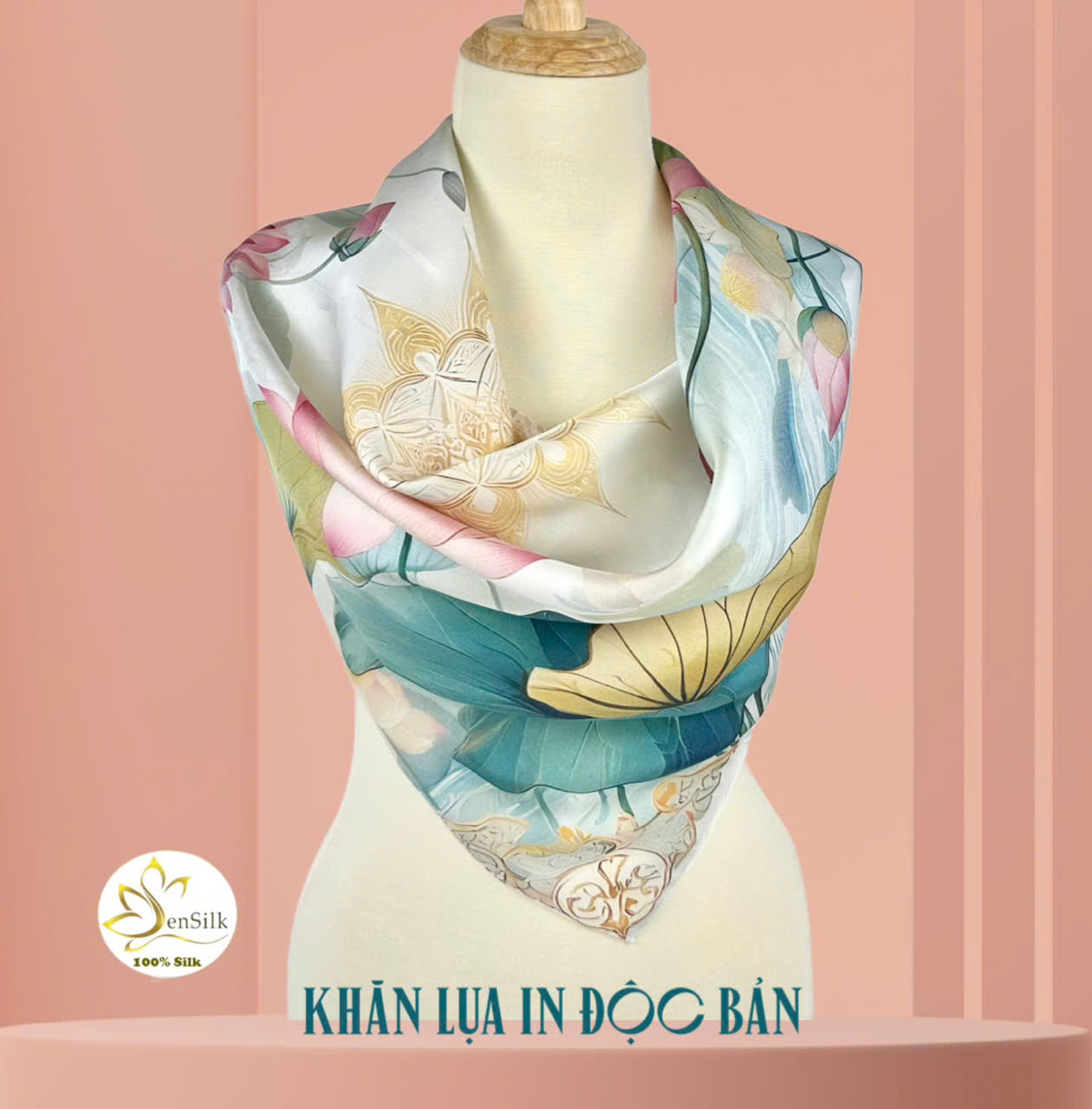 Khăn Lụa in Độc Bản Sen Mặt Trời 65x65cm - Mulberry Silk Gift - Square Towel 65x65 - Quà Tặng Lụa Cao Cấp
