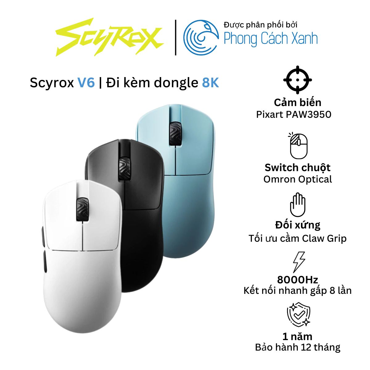 Chuột không dây siêu nhẹ Scyrox V6 - Đi kèm dongle 8K - Hàng Chính Hãng