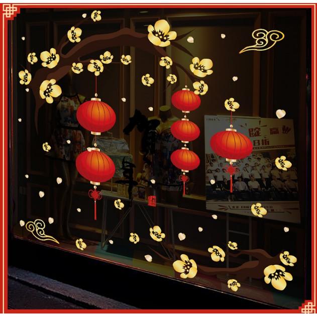 Decal trang trí Tết - Cành Mai Vàng lồng đèn đỏ đón Xuân