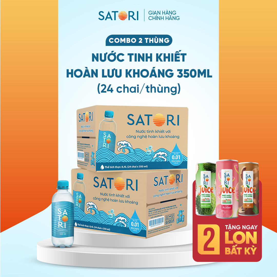 Combo 2 Thùng Nước Tinh Khiết Hoàn Lưu Khoáng SATORI 350ml (24 Chai/Thùng)+ Tặng 2 lon nước ép Satori Juice vị bất kỳ 250ml