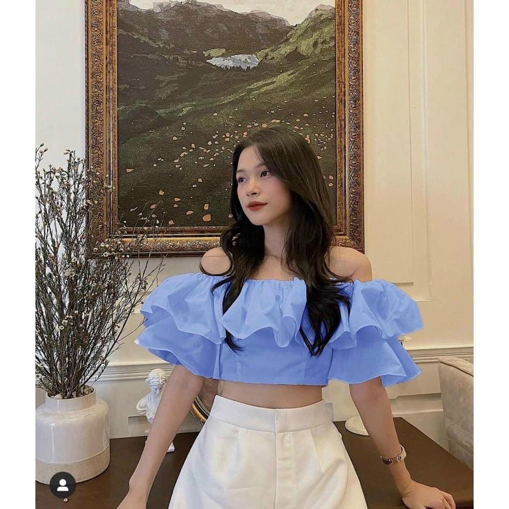 Áo croptop trễ vai phối bèo 1 tầng nhiều màu LOVI