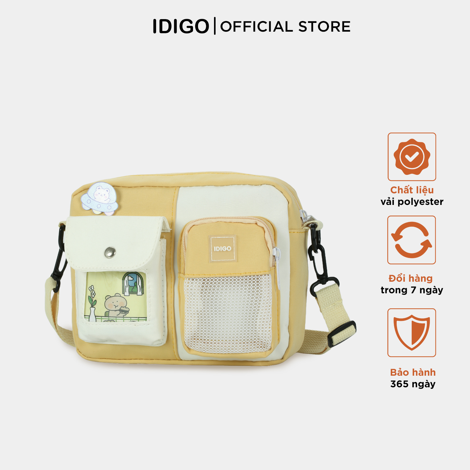 Túi đeo chéo nữ đi chơi, túi xách nữ đeo vai messenger kèm huy hiệu hoạt hình dễ thương IDIGO FF6 - 2017