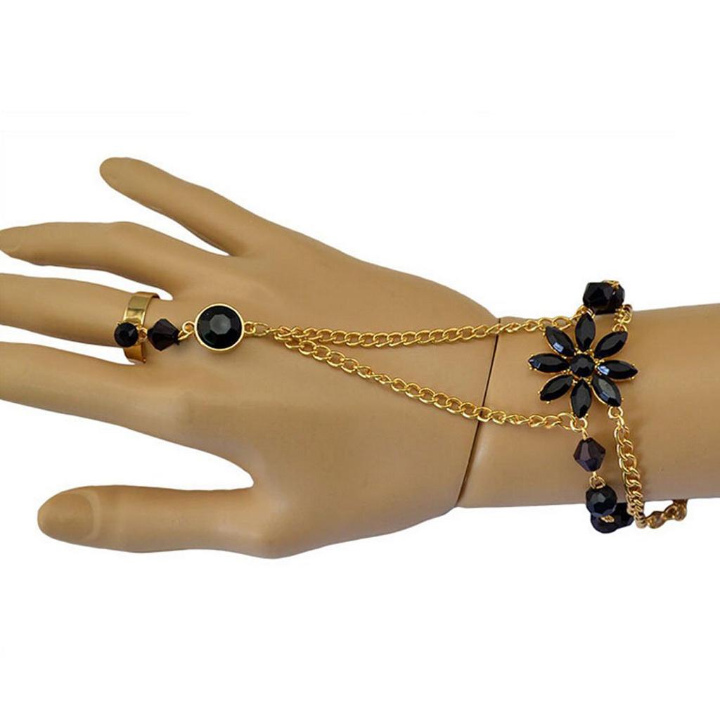 Black Rhinestone Hand Harness Bracelet Gold Slave Chain Link Finger