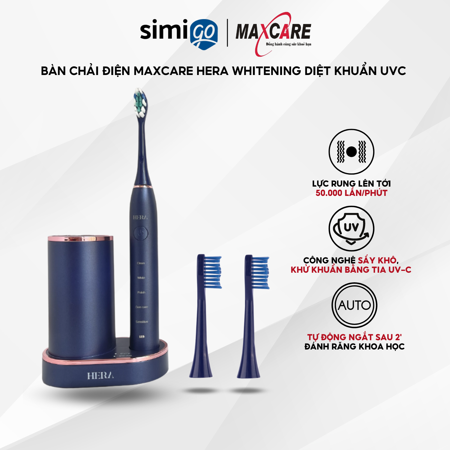 Bàn chải điện MAXCARE Hera Whitening diệt khuẩn sấy khô UVC tự động tặng kèm bộ bàn chải và túi du lịch