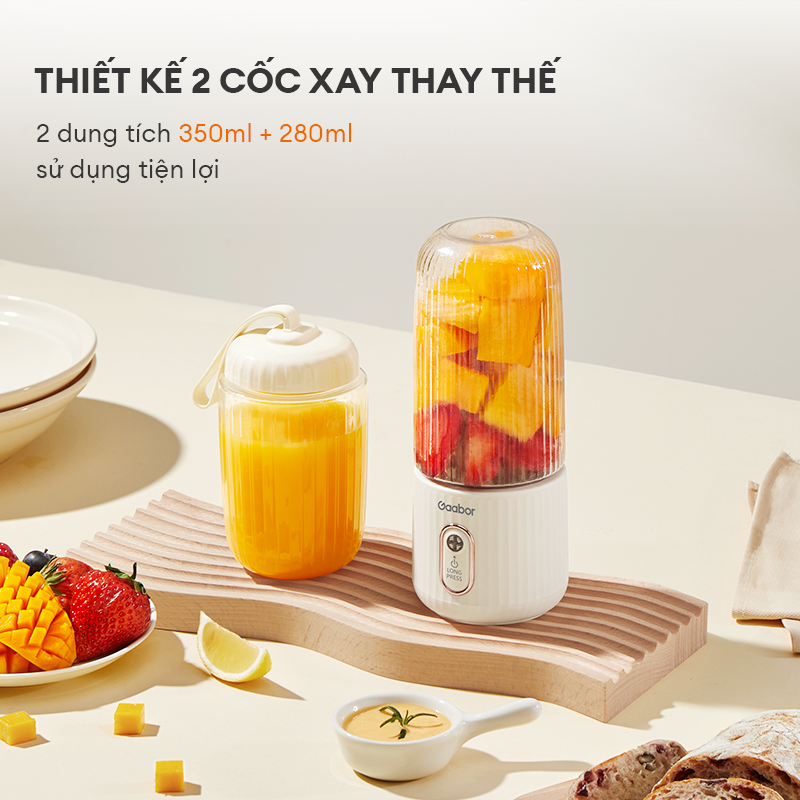 Máy xay sinh tố cầm tay mini Gaabor FP03T-WH01A 350ml công suất 50W ly xay nhỏ gọn tiện lợi tích điện cổng sạc USB - Hàng chính hãng