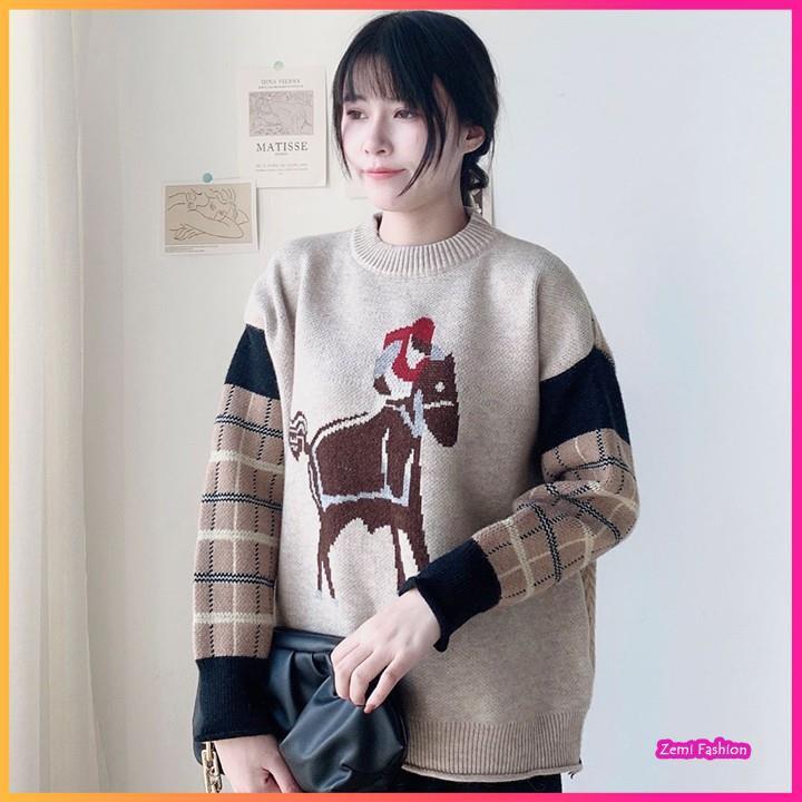 Áo len ulzzang nữ họa tiết form rộng cổ tròn thêu hình con dê dễ thương