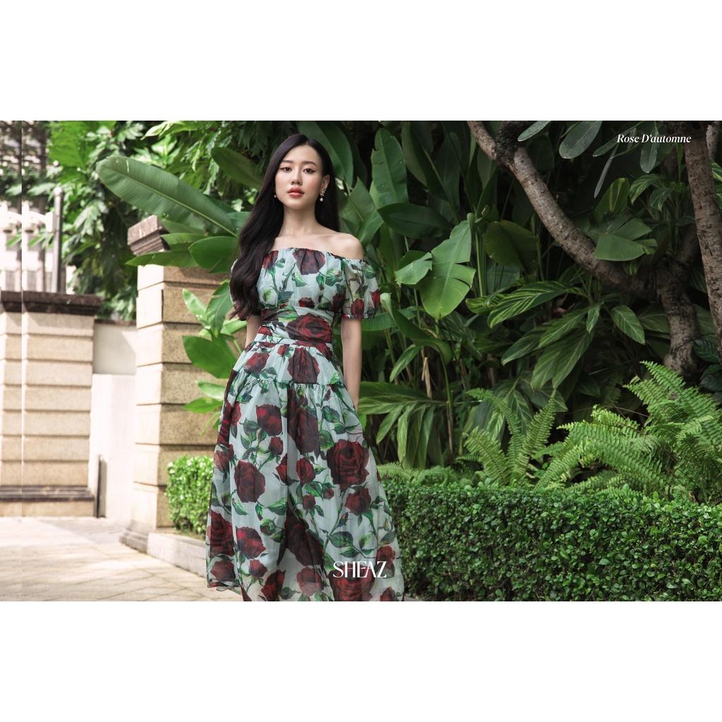 SHEAZ Set đầm xanh voan cao cấp, in hoa hồng, phong cách Hàn Quốc, đầm trễ vai, áo trễ vai, đầm dài