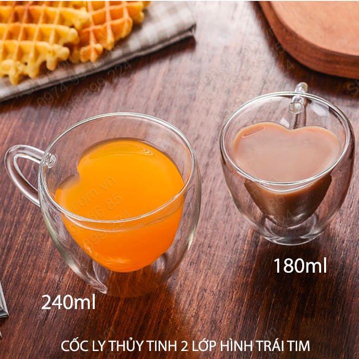 Ly tách thủy tinh 2 lớp hình trái tim, dùng uống cà phê, trà, sữa, loại 180ml-240ml tùy chọn