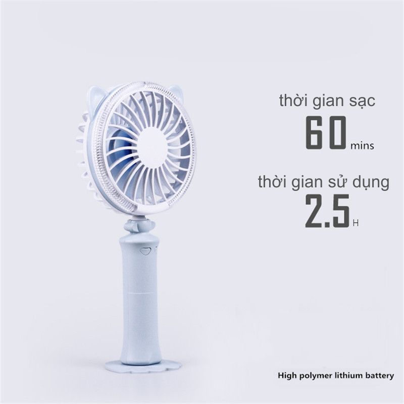 Quạt Cầm Tay Sạc Điện USB Dáng Con Mèo Có Đèn LED Đổi Màu Đặt Được Trên Bàn Bởi Đế Nhựa
