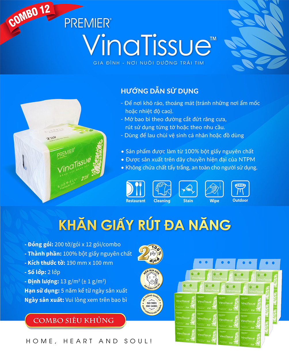 [COMBO 12 GÓI] Khăn giấy rút, khăn đa năng Premier VinaTissue 2 lớp 100% bột giấy nguyên sinh, không chất tẩy gói 200 tờ