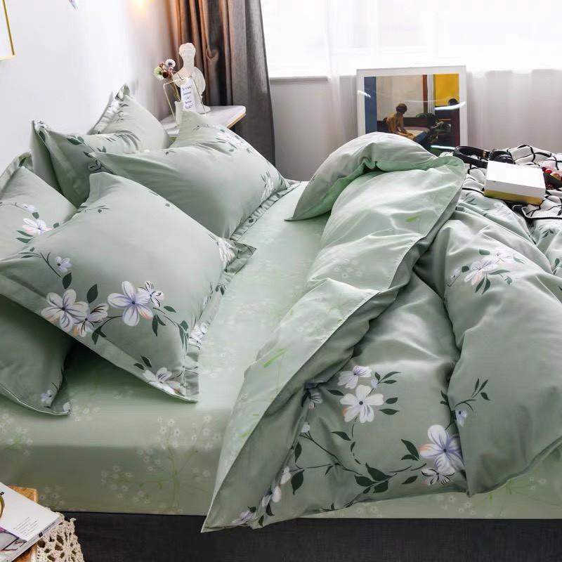 CHĂN GA GỐI POLY COTTON HOA DÂY XANH, SET CHĂN GA GỐI 5 MÓN -PP