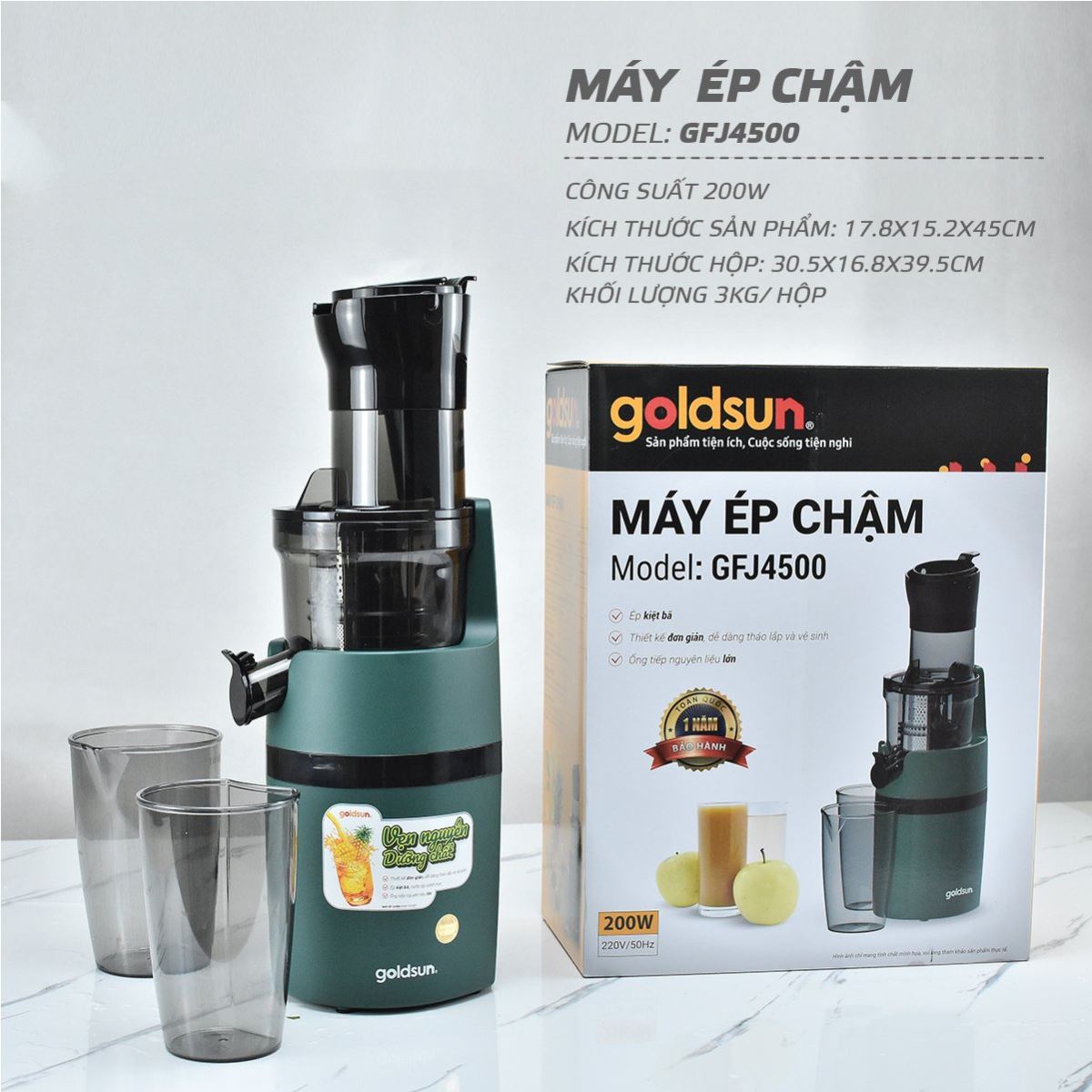 Máy Ép Chậm GOLDSUN GFJ4500, Dung Tích 600Ml, Công Suất 200W - Hàng Chính Hãng