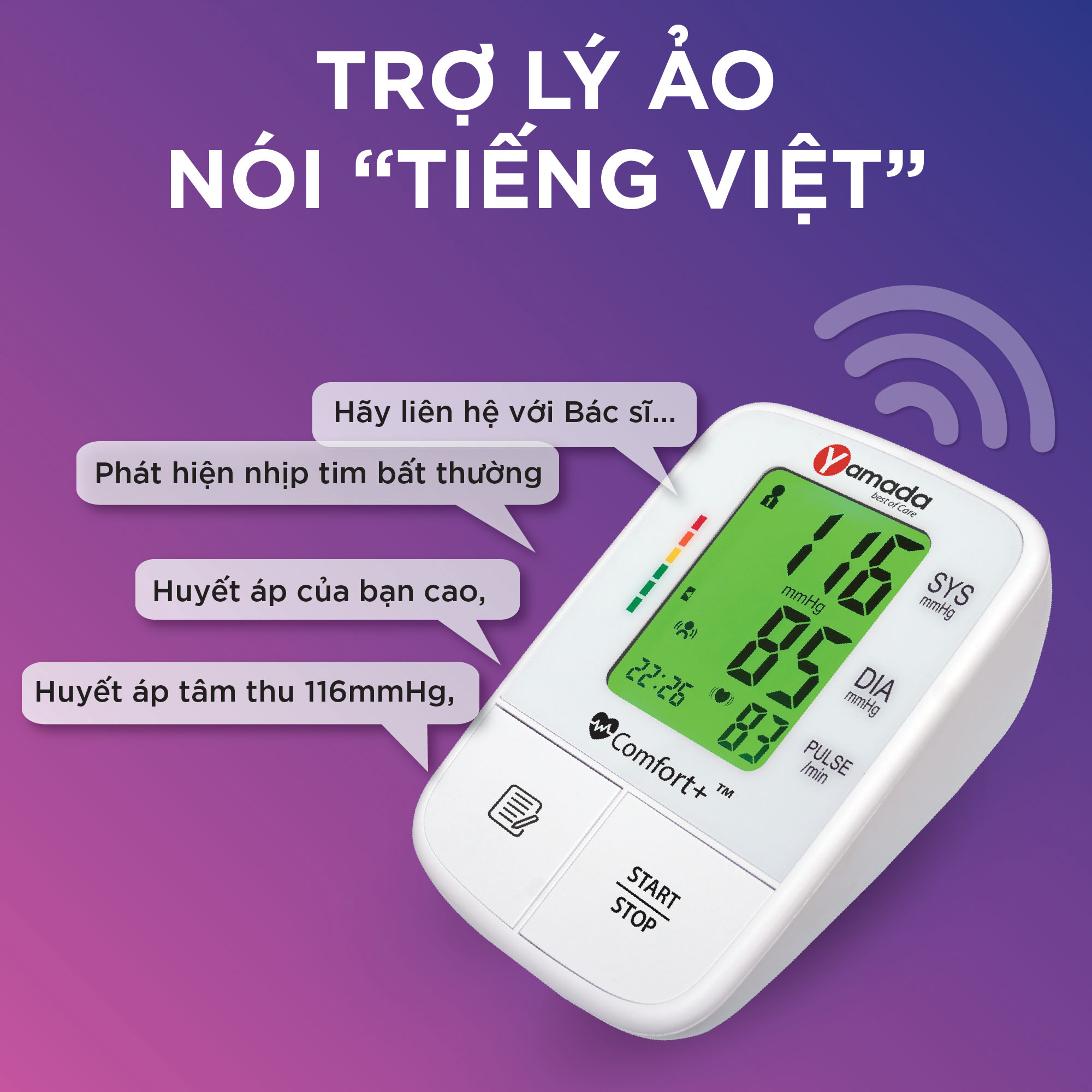 Máy đo huyết áp điện tử Yamada 6191 - Trợ lý ảo giọng nói tiếng Việt, Màn hình đa màu, Đo siêu nhanh và êm, Cảnh báo nhịp tim