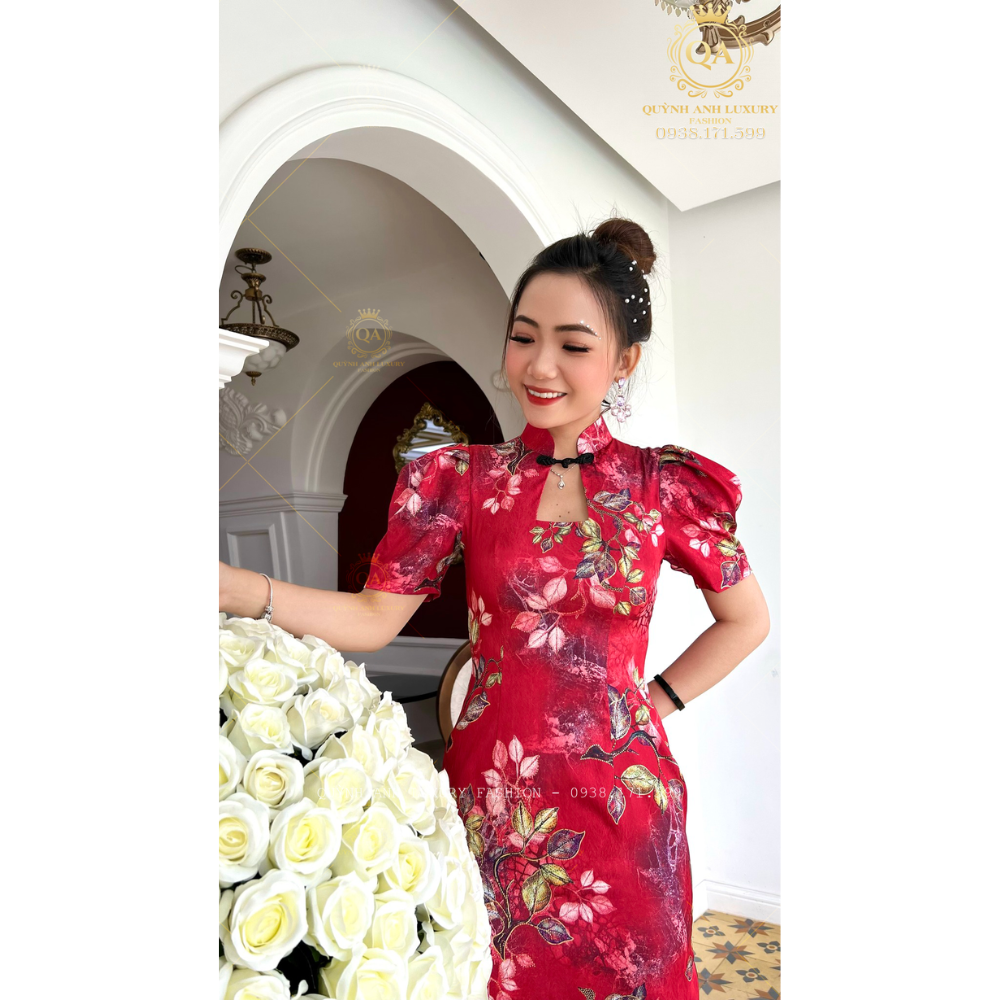 Sườn Xám Cổ Tàu Trung Hoa Lụa Ánh Kim Tone Đỏ Sang Trọng Mia Dress