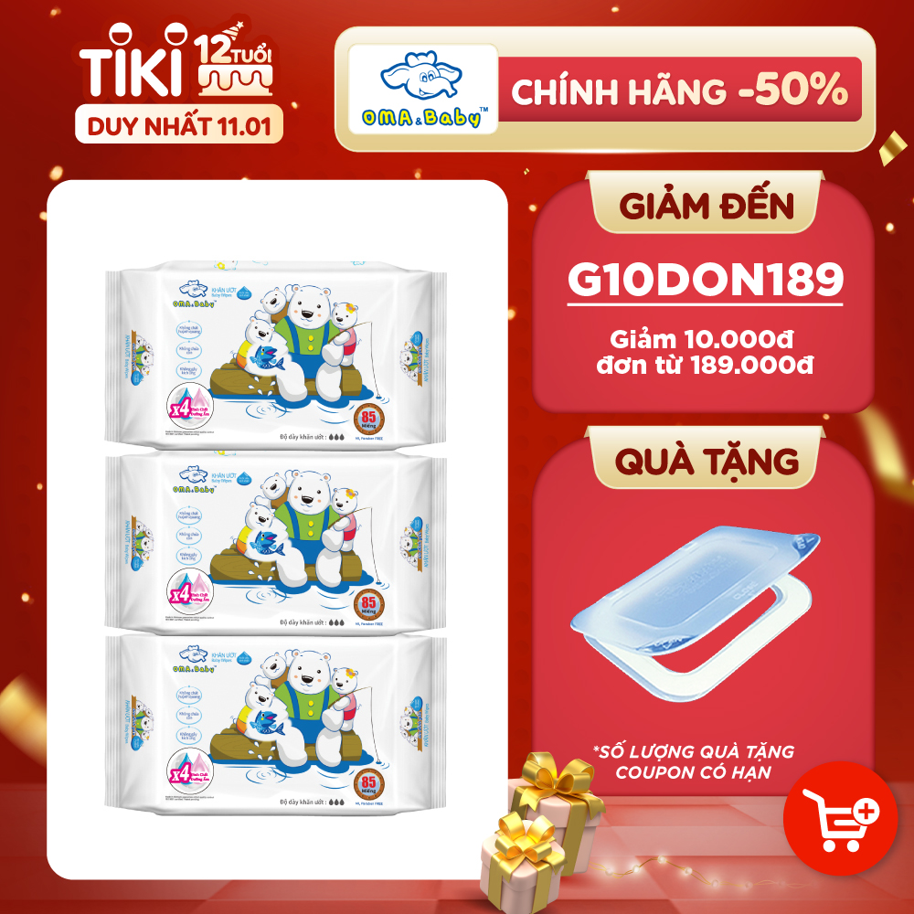 Combo 3 gói Khăn ướt làm sạch tinh khiết dành cho bé Oma&Baby với công thức Chlorhexidine Digluconate kháng khuẩn an toàn, dịu nhẹ trong khăn ( 3 gói 85 tờ ) - Combo 3 packages of Oma&Baby premium baby wet wipes ( 85 sheets per package)