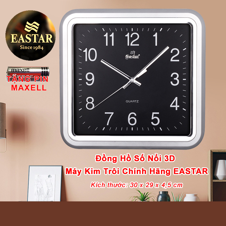 Đồng Hồ Treo Tường KIM TRÔI EASTAR Cao Cấp Mặt Vuông, Viền kim tuyến, Số nổi Ánh kim - Tặng Pin Maxell - BH 1 Năm - Decor Trang Trí Nhà