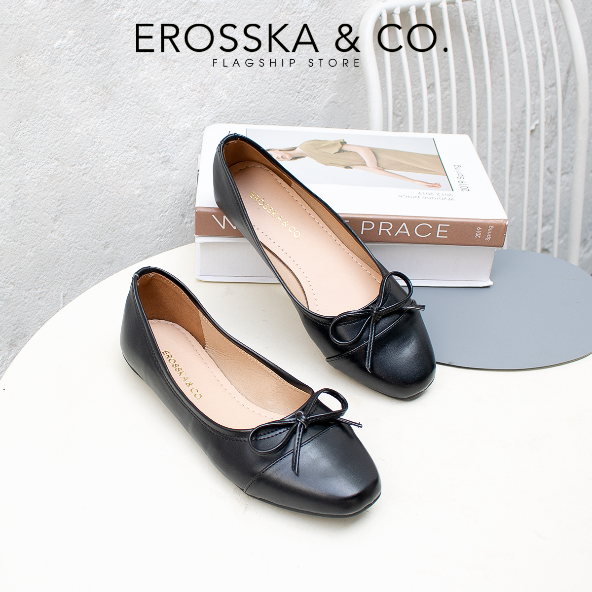 Giày bệt đế bằng thời trang Erosska kiểu dáng Hàn Quốc đế cao su da mềm đính nơ ef011