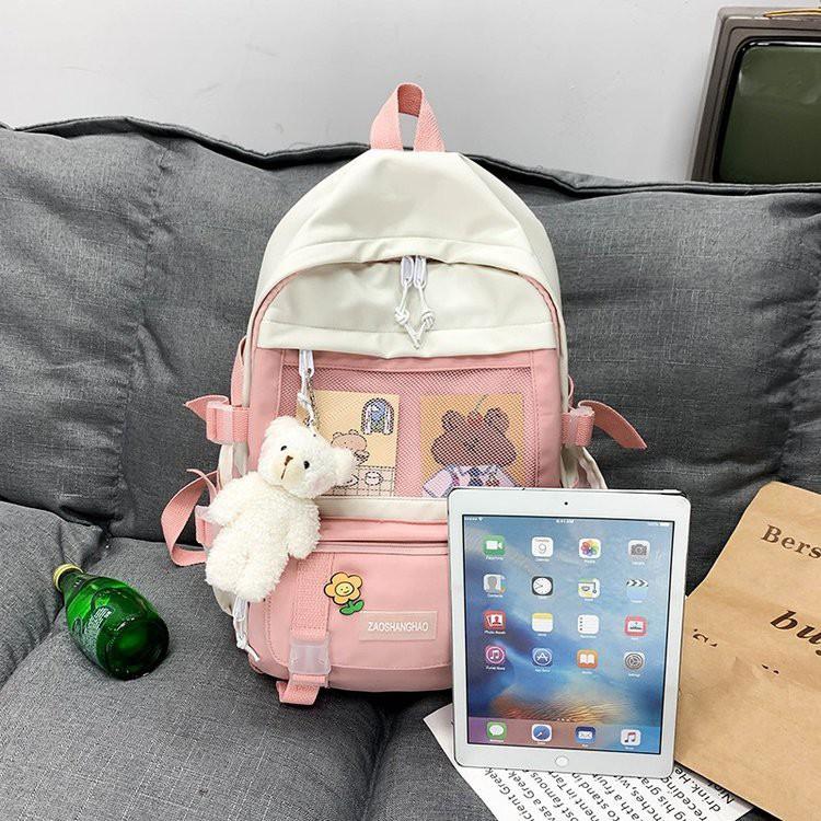 Balo phối lưới nhiều ngăn TẶNG kèm móc khóa hình gấu đáng yêu dành cho HS SV đi học đi chơi thời trang nhiều màu