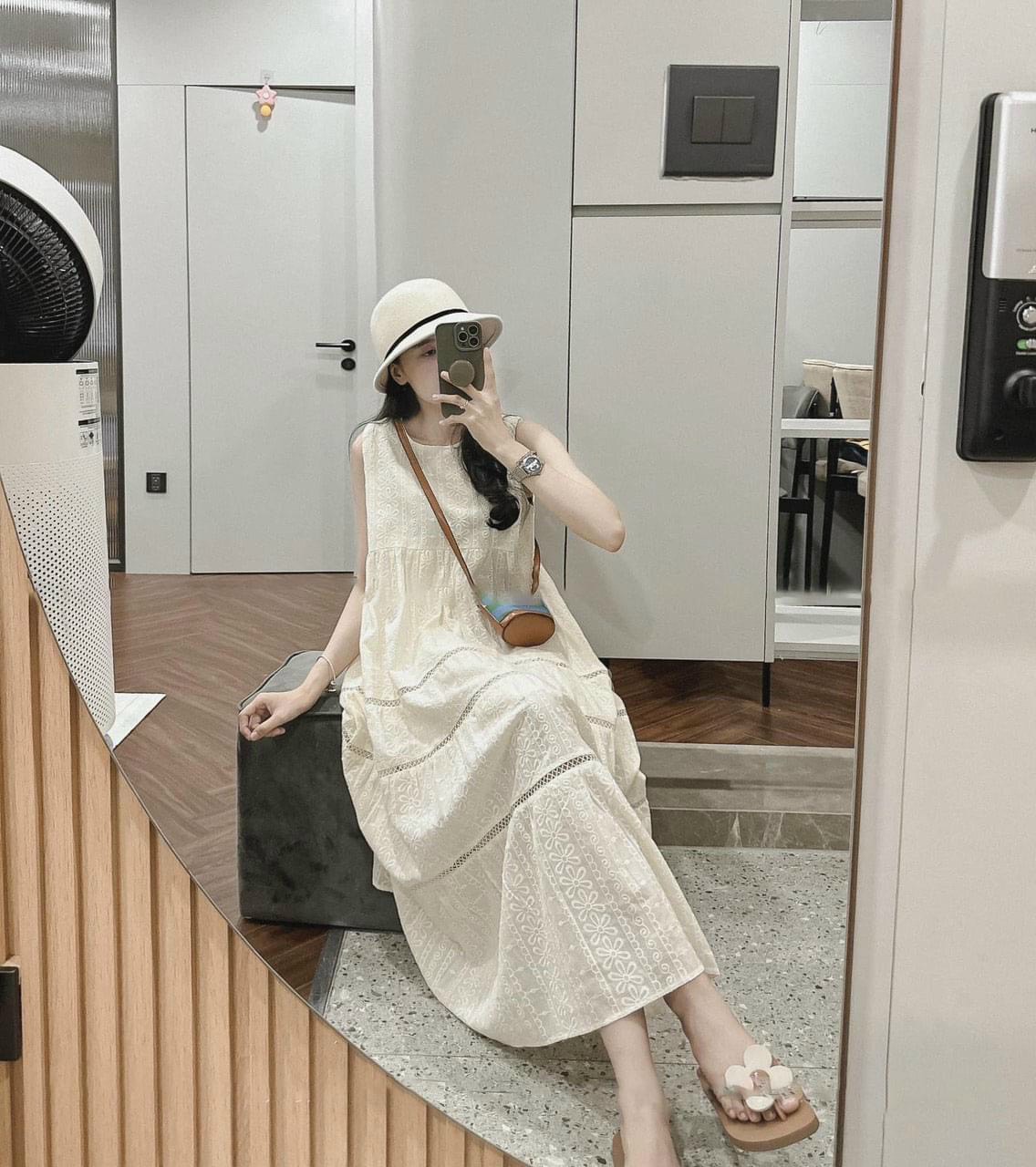 Váy Bầu Sát Nách Mùa Hè Azuno V84 Chất Liệu Cotton Ren May 2 Lớp Cao Cấp