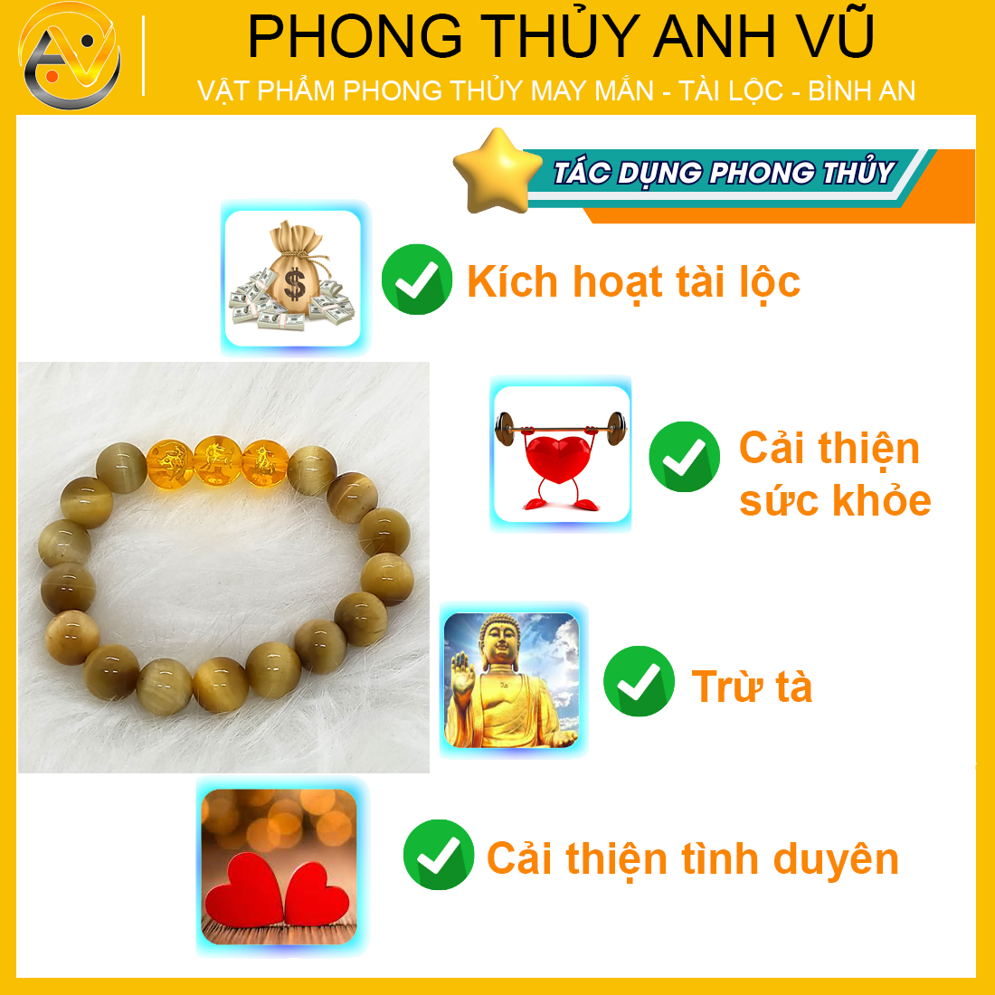 Vòng phong thủy mệnh thổ tam hợp dần ngọ tuất - chất liệu mắt hổ vàng nâu - size 8 10 12ly - có khai quang điểm nhãn may mắn tài lộc - PHONG THỦY ANH VŨ