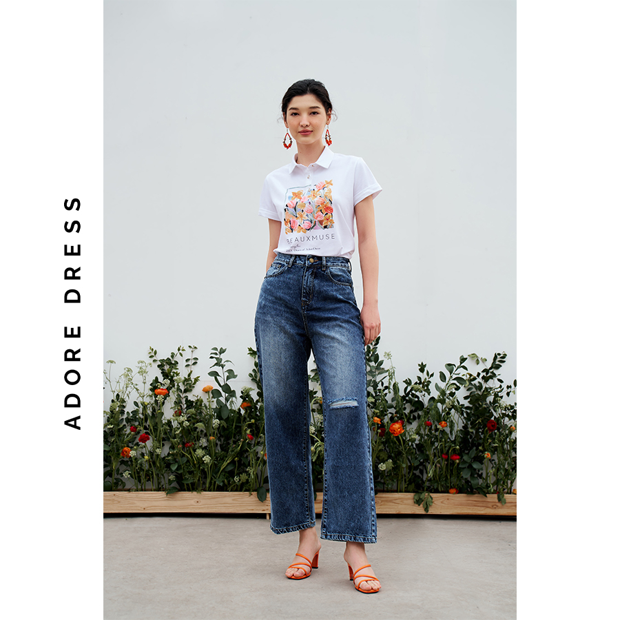 Quần jeans straight đen retro rách gối 2JE3001 ADORE DRESS