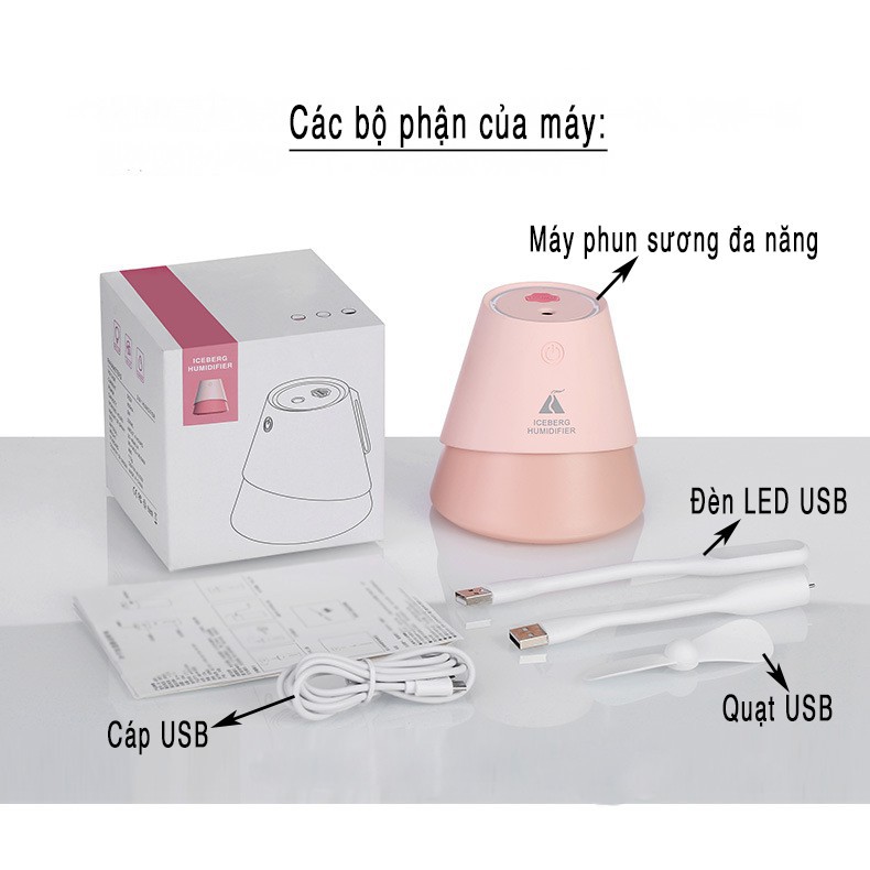 Máy Tạo Ẩm Không Khí 3 In 1 - Máy Phun Sương, Khuếch Tán Tinh Dầu Có Đèn Led Và Quạt USB - Hàng Chính Hãng