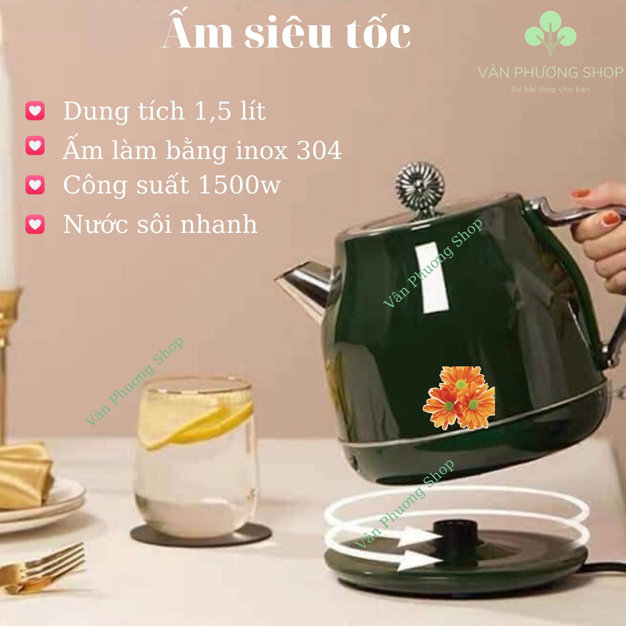 Ấm Đun Nước Siêu Tốc 1,5 lít, nước sôi cực nhanh, màu xanh sang trọng