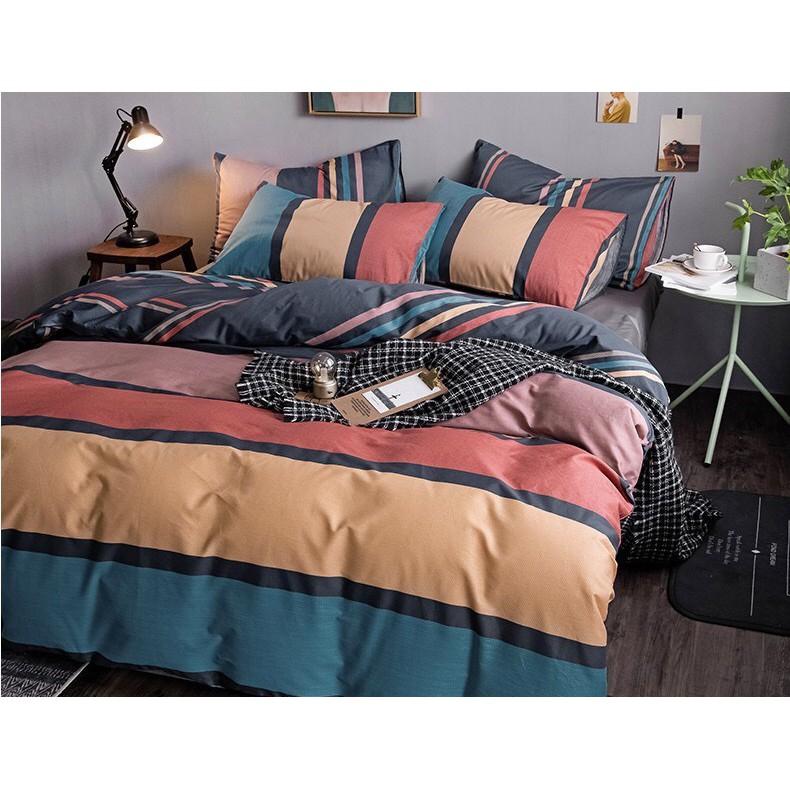 Bộ chăn ga gối Cotton poly M2T bedding, vỏ chăn mền, drap ga giường và 2 vỏ gối - Pl kẻ phối lạ mắt