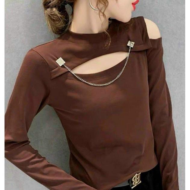 Áo Thun Nữ Dài Tay, Hở Vai, Kèm Dây Xích