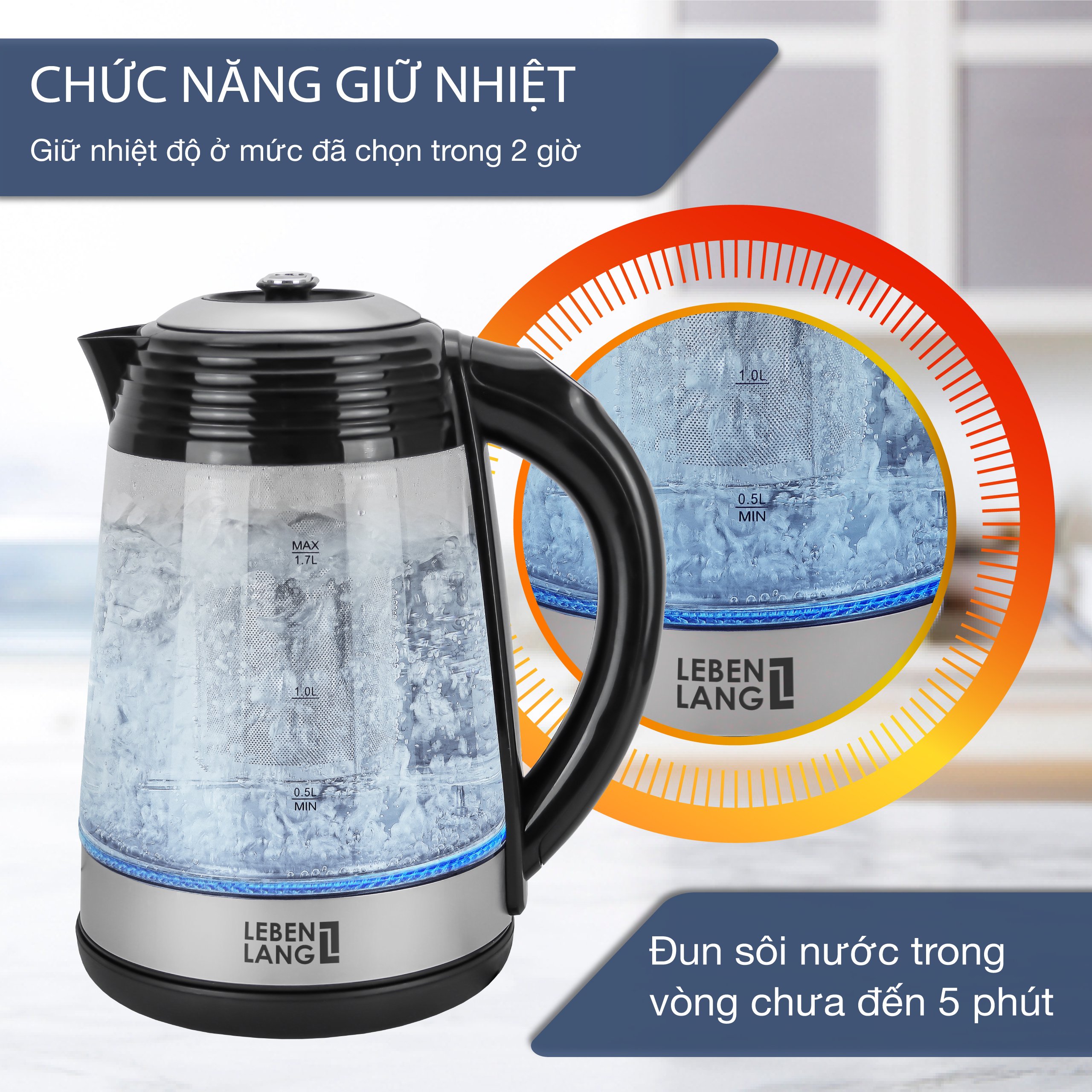 Ấm siêu tốc LEBENLANG LBT2676 bằng thủy tinh, dung tích 1.8 lít, điều khiển nhiệt độ tùy ý, lõi lọc trà có thể tháo rời - hàng chính hãng