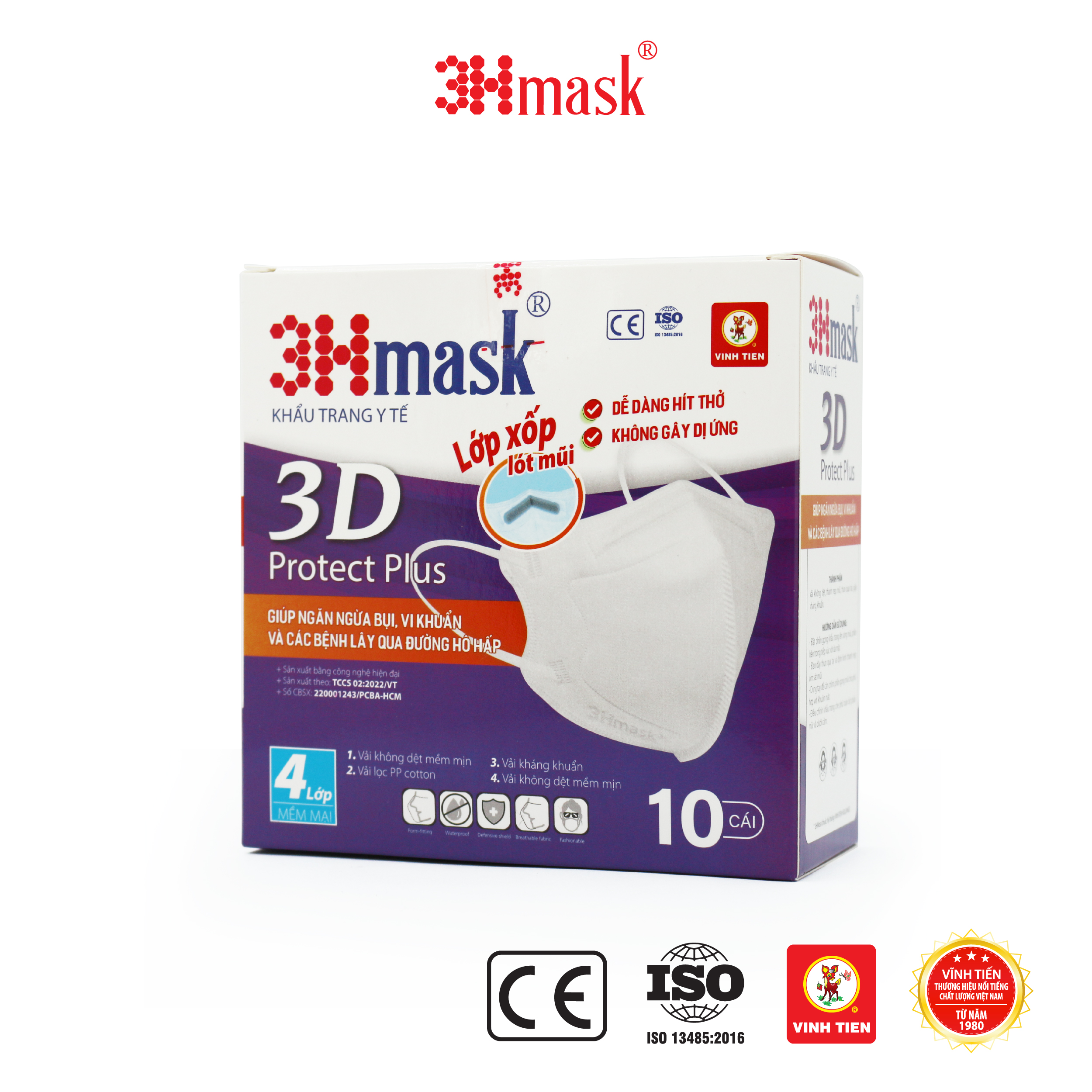 Khẩu trang y tế 3D protect plus 3Hmask 4 lớp kháng khuẩn, không đau tai (Hộp 10 cái)