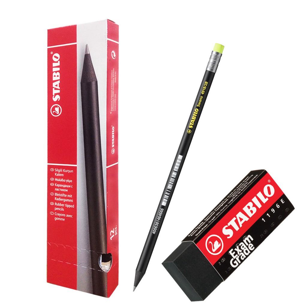 Hộp 12 cây bút chì gỗ STABILO Swano 2B thân đen + tẩy ER196E (PC4918/12-2B+)