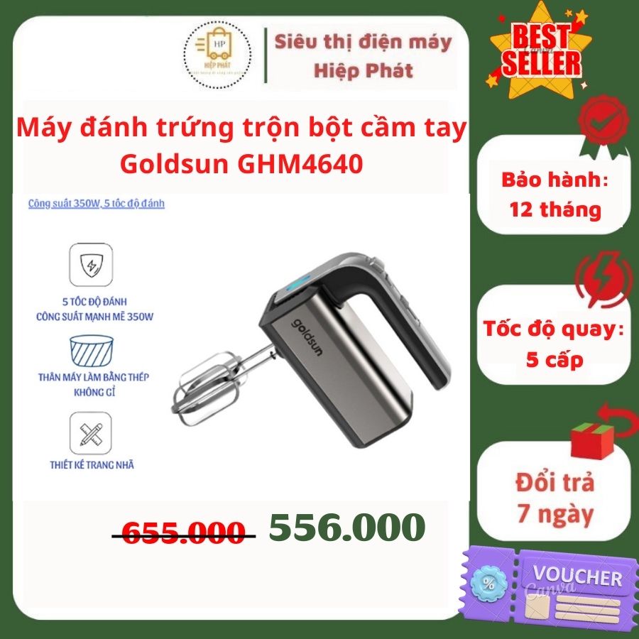 Máy đánh trứng cầm tay Goldsun GHM4640, khuấy bột mini 5 tốc độ tăng cường, công suất 350W, 4 que inox cao cấp - Hàng chính hãng