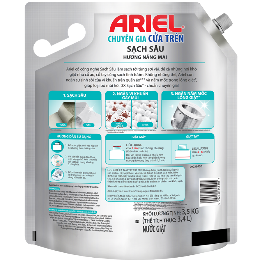 Nước giặt Ariel chuyên gia cửa trên Sạch sâu hương nắng mai