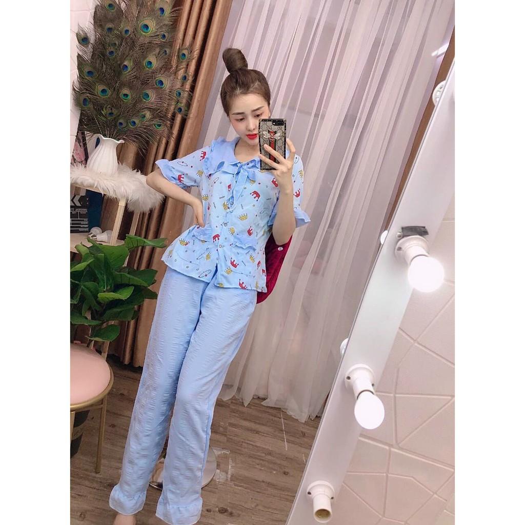 Bộ pijama đũi xốp tiểu thư cổ bèo, quần dài tay ngắn, 40 đến 59kg