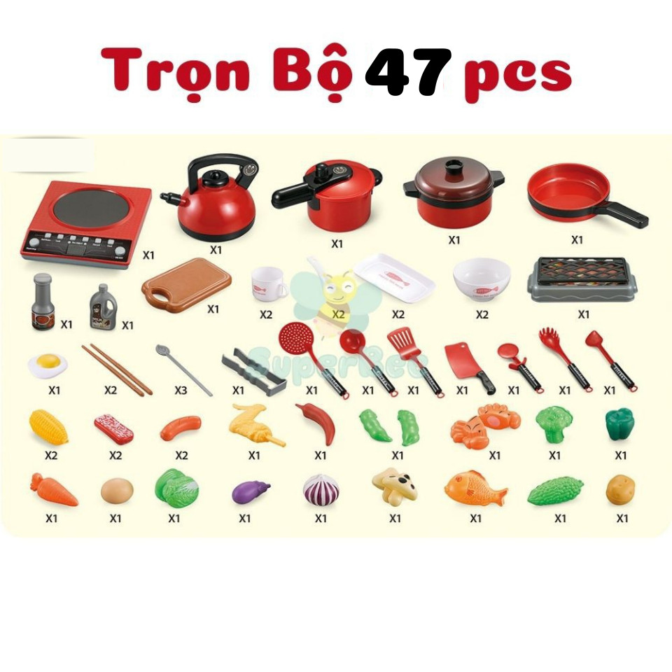 Bộ Đồ Chơi Nấu Ăn Kitchen Ware 47 Món Ăn, Bếp Nấu và Dụng Cụ Nhà Bếp Cho Bé