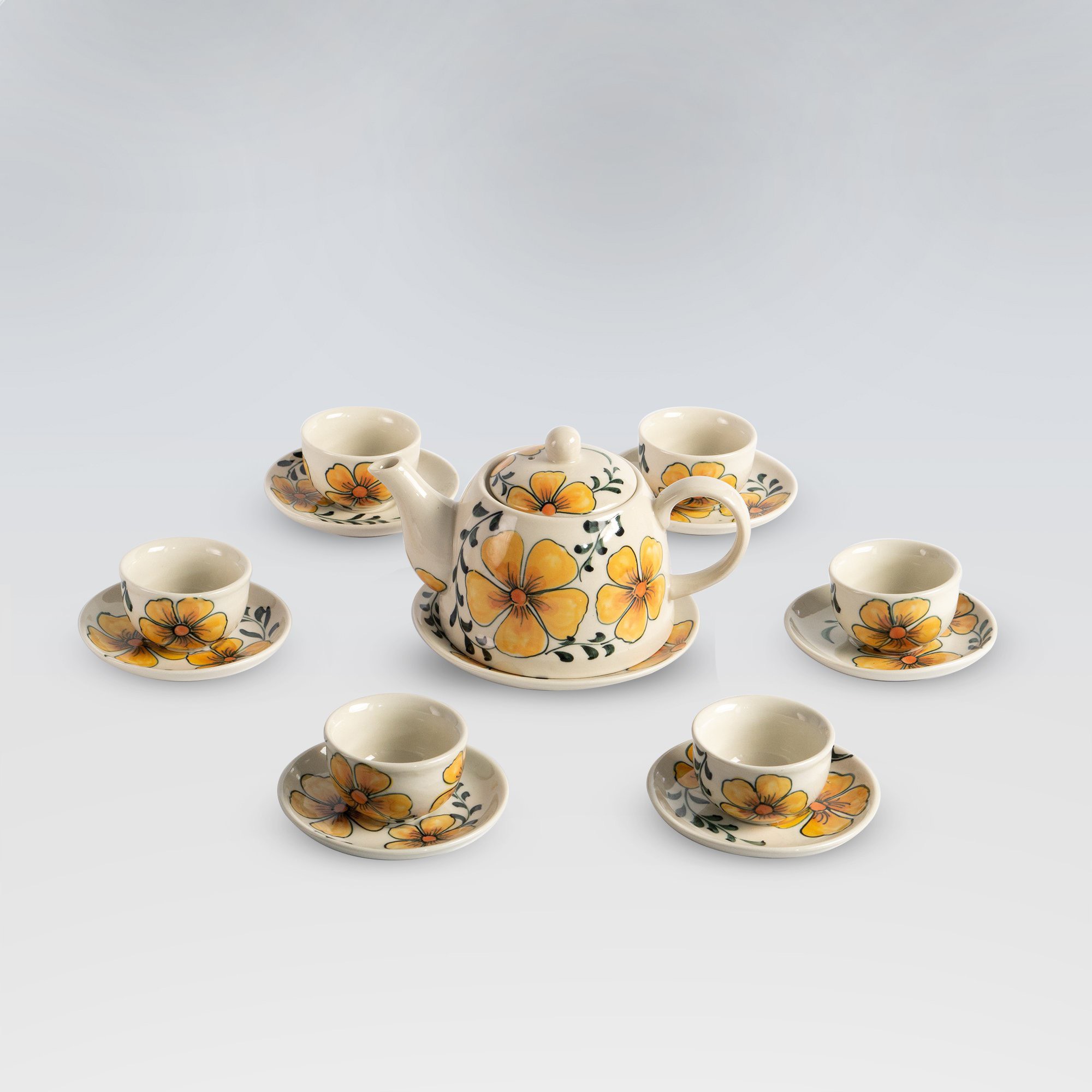 Bộ trà gốm sứ Bát Tràng cao cấp vẽ tay xuất dư hoạ tiết hoa trà vàng  dung tích 400ml