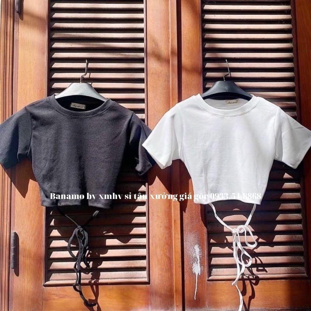 Áo thun nữ croptop cộc tay phối dây eo thời trang Banamo Fashion chất cotton áo croptop cộc tay dây eo 3123