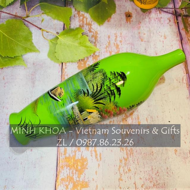 Cặp Bình Lọ Sơn Mài Miệng Bé Vẽ Cảnh Đồng Quê Việt Nam 29 cm - Vietnamese Lacquer Vase