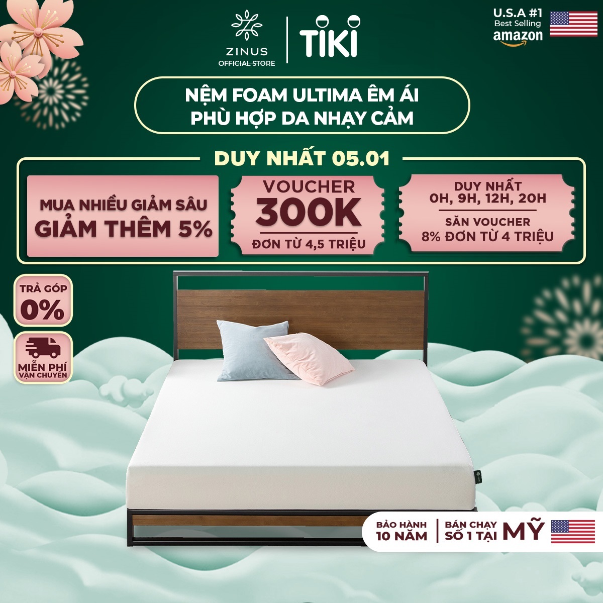Nệm Foam Zinus Ultima 4.0 Nâng Đỡ Cơ Thể Bảo Vệ Làn Da