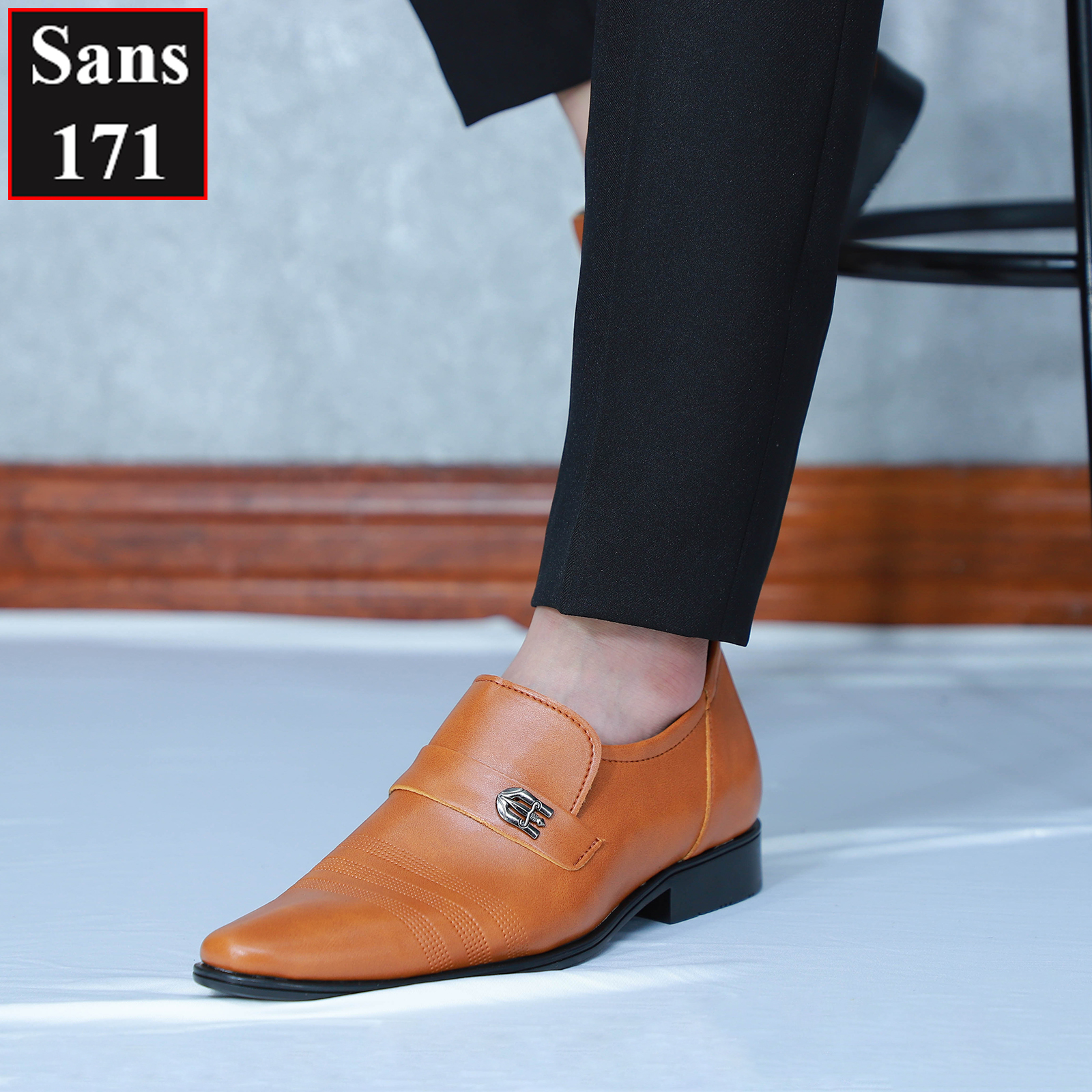 Giày tây nam tăng chiều cao 6cm Sans171 giầy da lười công sở độn đế phong cách lịch sự hàn quốc nâng gót màu đen nâu