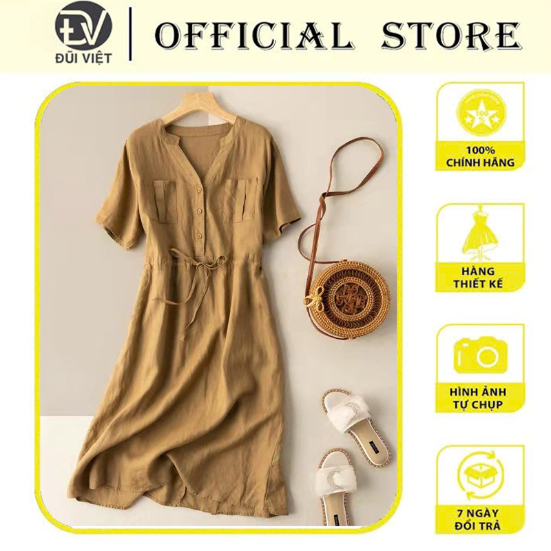 Váy Sơ Mi Dáng Suông Cổ V, Đầm Sơ Mi Đũi Túi Ngực Kèm Dây Thắt Eo, Phong Cách Mùa Hè Hàn Quốc Thương Hiệu Chính Hãng Đũi Việt Dv72 - Vàng Mơ - M