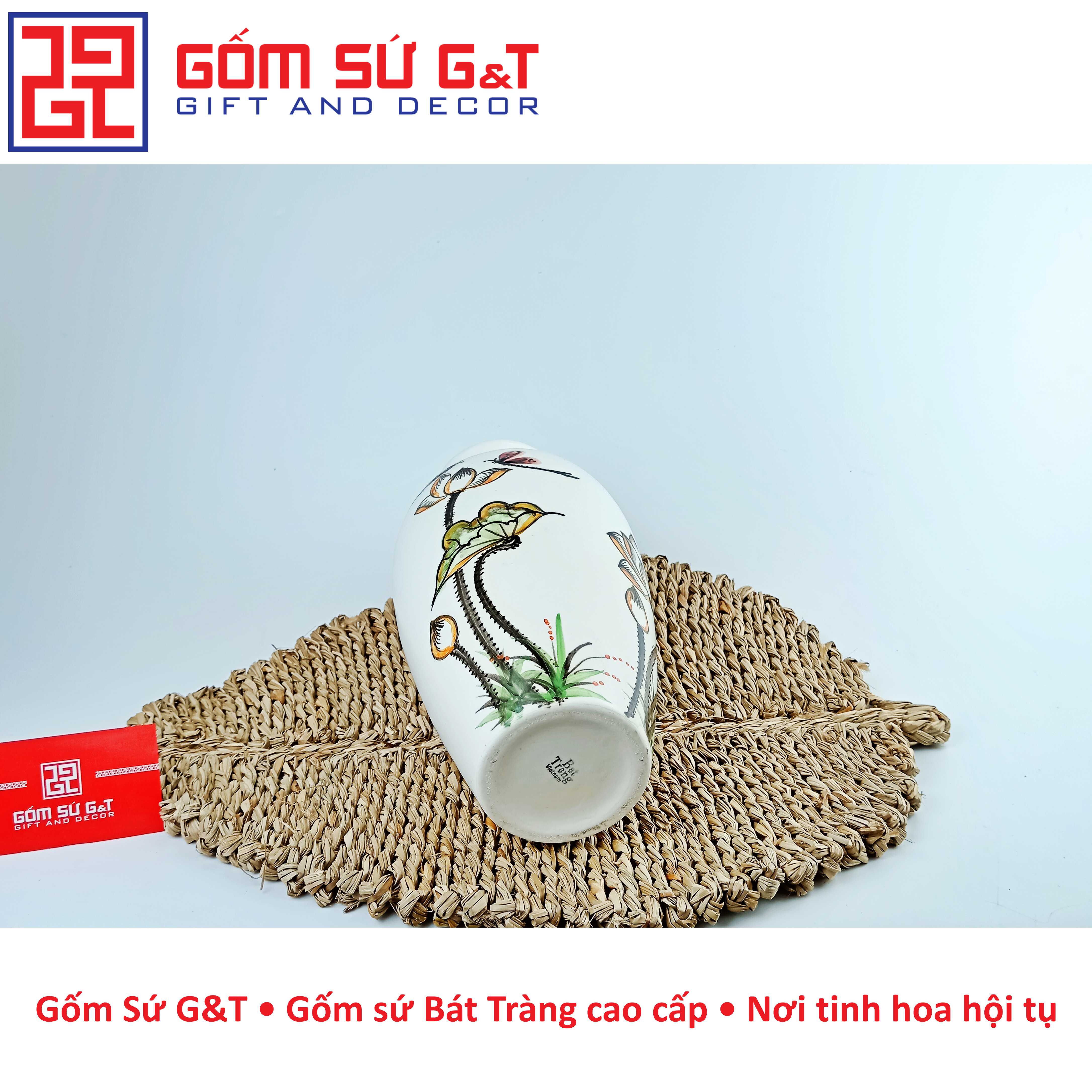 Lọ hoa dáng đùi dế vẽ sen chuồn Gốm Sứ G&amp;T