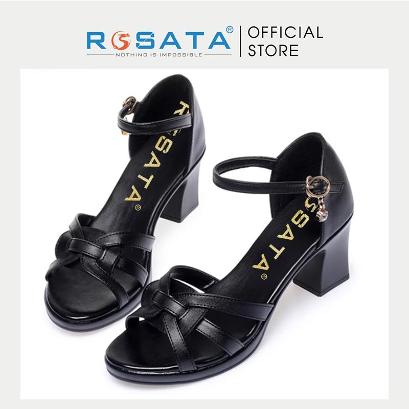 Giày sandal cao gót nữ ROSATA RO450  xỏ ngón phối dây mũi tròn quai cài mảnh gót vuông cao 7cm xuất xứ Việt Nam