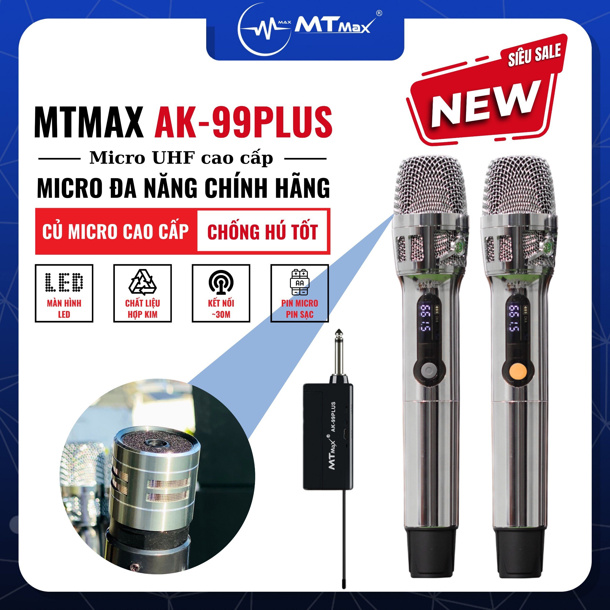 Micro Cho Dàn Karaoke, Loa Kéo, Amply Cao Cấp Chính Hãng MTMAX AK99Plus, Củ Micro Cao Cấp Set Tần Số, Chỉnh Âm Lượng Ngay Thân Micro hàng chính hãng