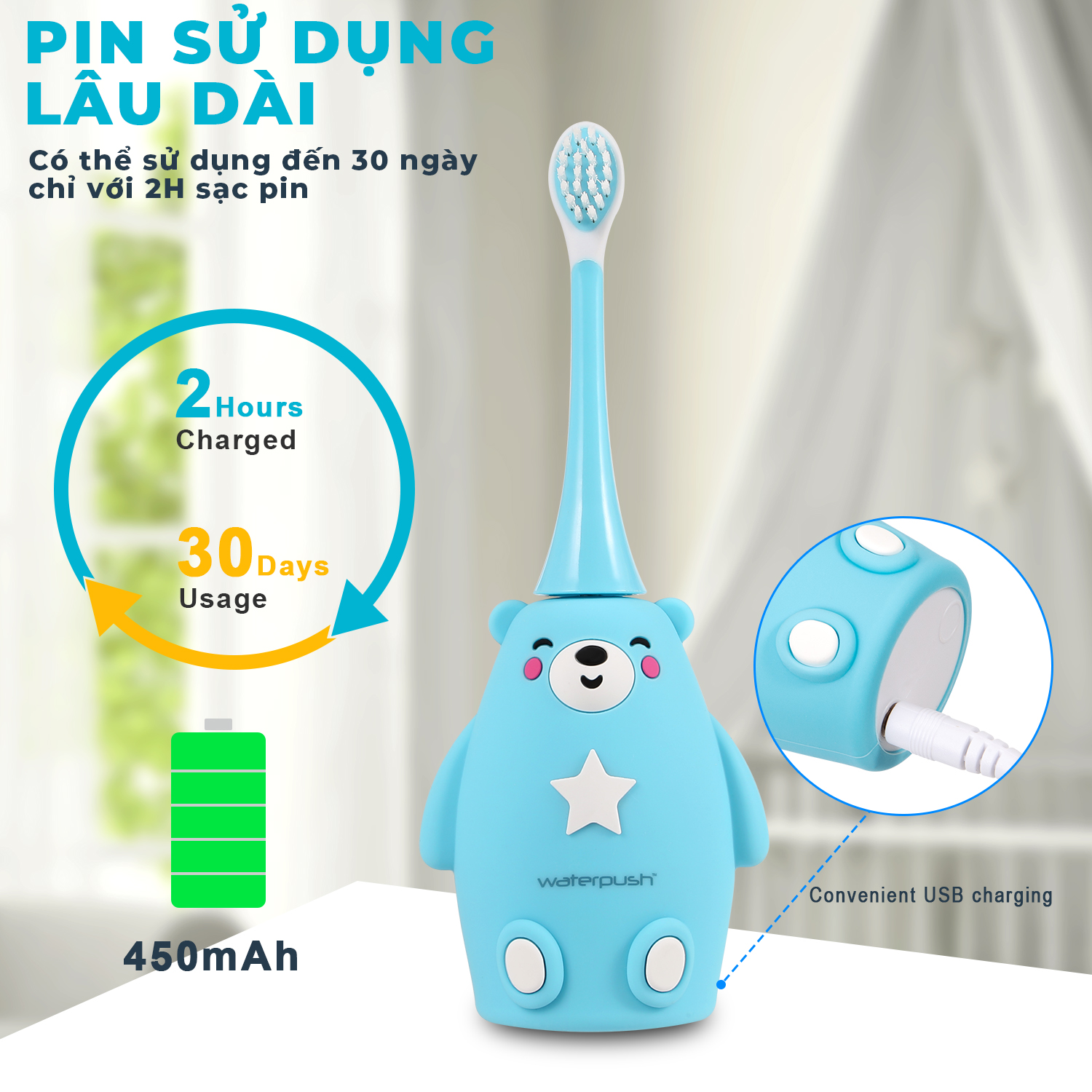 Bàn chải điện trẻ em cao cấp WaterPush, bàn chải đánh răng đầu chữ U siêu mềm và đầu bàn chải siêu mảnh giúp bé làm sạch răng