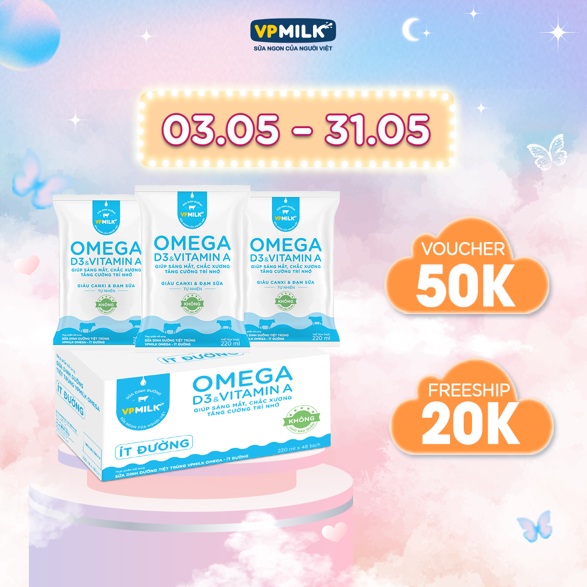 Sữa Dinh Dưỡng Tiệt Trùng VPMilk Omega Bịch 220ml ( Thùng 48 bịch)
